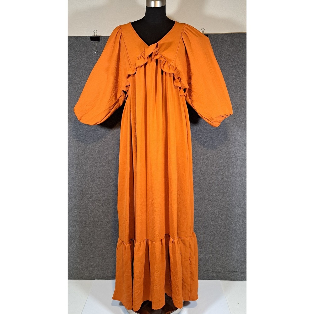 Beeson River Burnt Orange Ruffle Tiered Balloon Sleeve Maxi Dress Small D5518